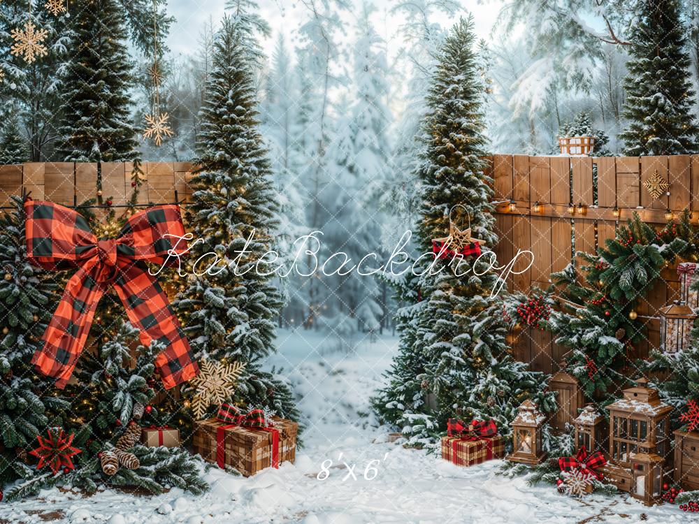 Kerstboom Sneeuwachtig Bos Strik Cadeaus Foto Achtergrond Designed by Emetselch