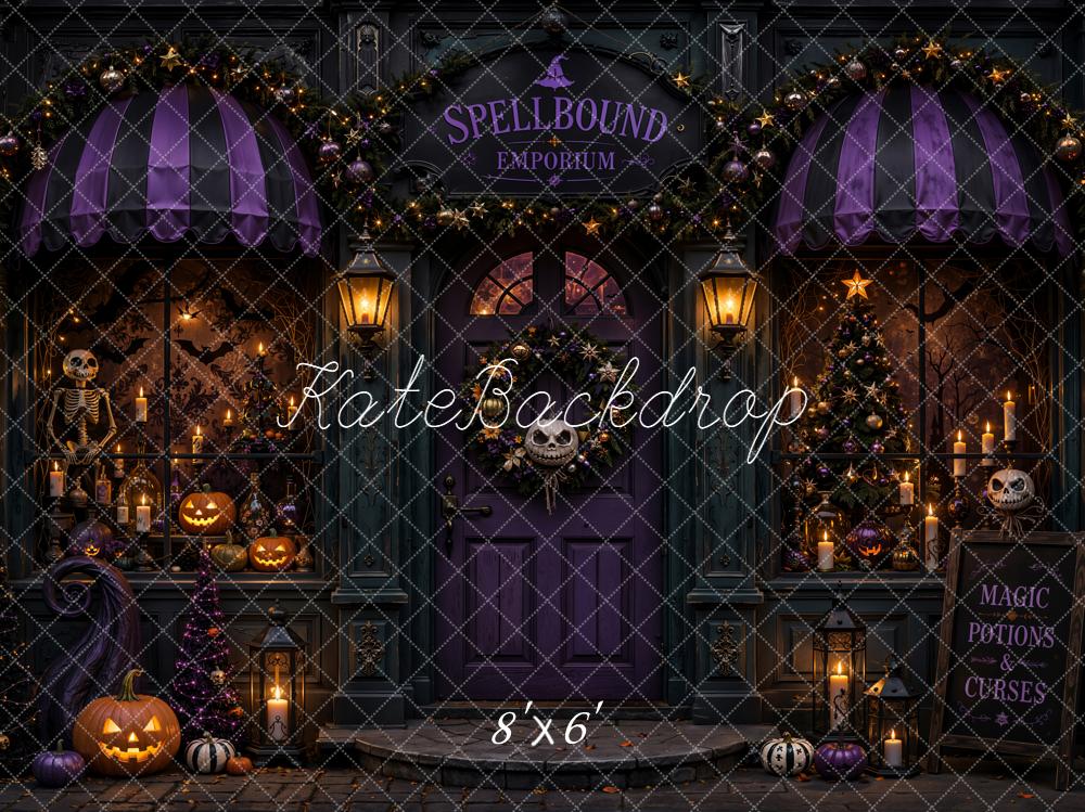 Kate Halloween Doorway Spellbound Emporium Purple Pumpkins Skeleton Candles Printed Backdrop Designed by Emetselch