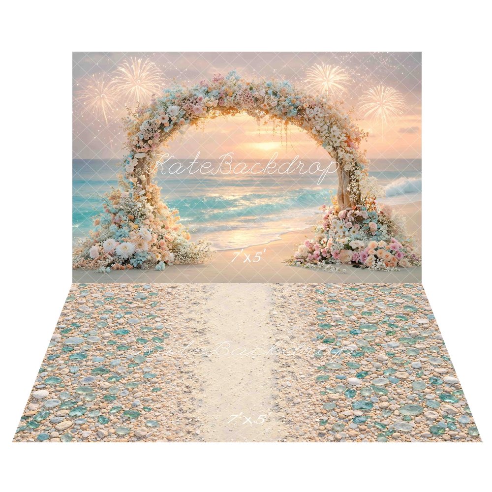 Kate Beach Sunset Flower Arch Fireworks Printed Backdrop+Summer Sand Pebble Path Sea Glass Floor Printed Backdrop