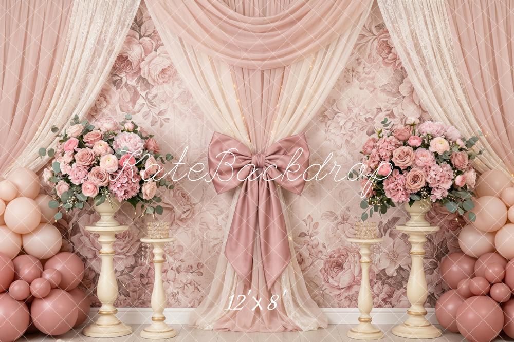 Kate Birthday Pink Floral Drapes Bow Balloons Printed Backdrop Designed by Patty Roberts