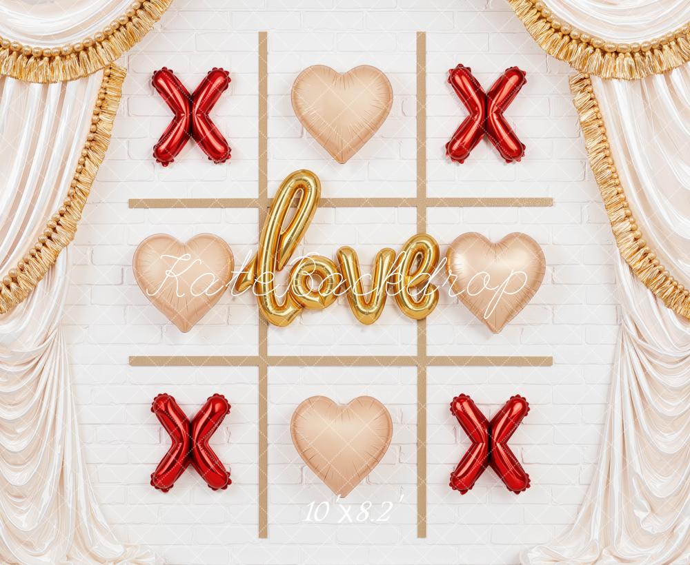 Kate Valentine's Day Tic Tac Toe Heart Balloons Drapery Printed Backdrop Designed by Mini MakeBelieve
