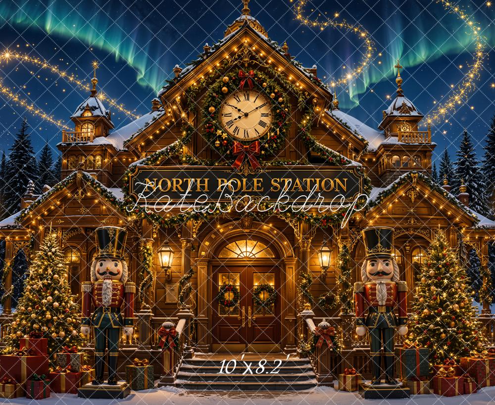 Kate Christmas North Pole Station Clock Tower Nutcracker Printed Backdrop Designed by Emetselch