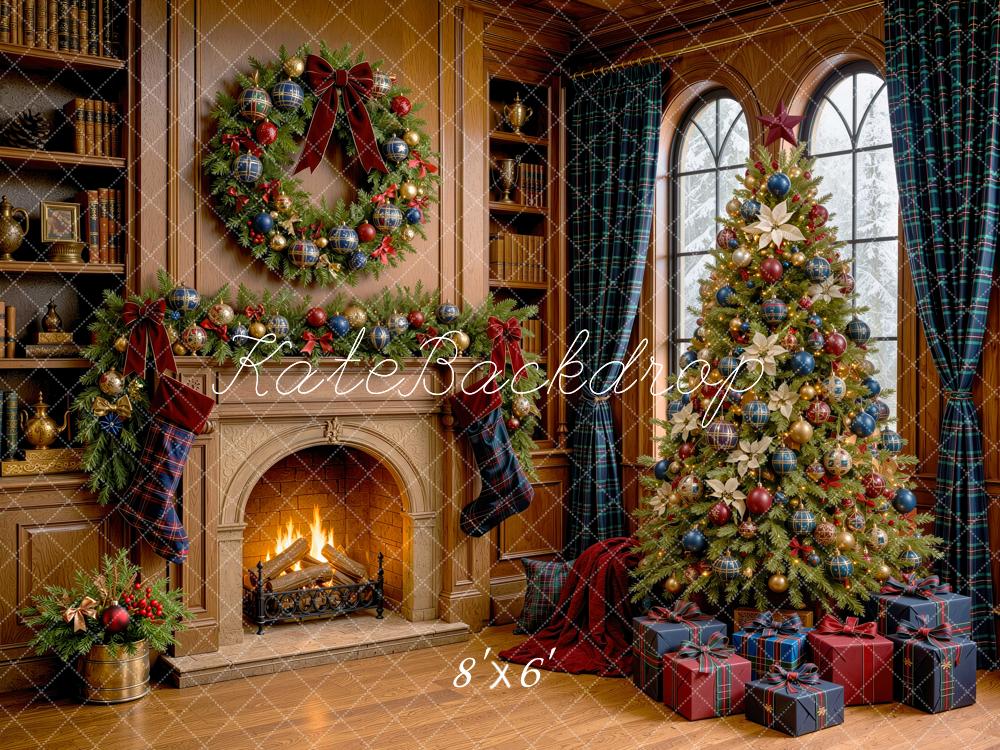 Kate Christmas Fireplace Wreath Tree Blue Plaid Curtains Stockings Gifts Printed Backdrop Designed by Mini MakeBelieve