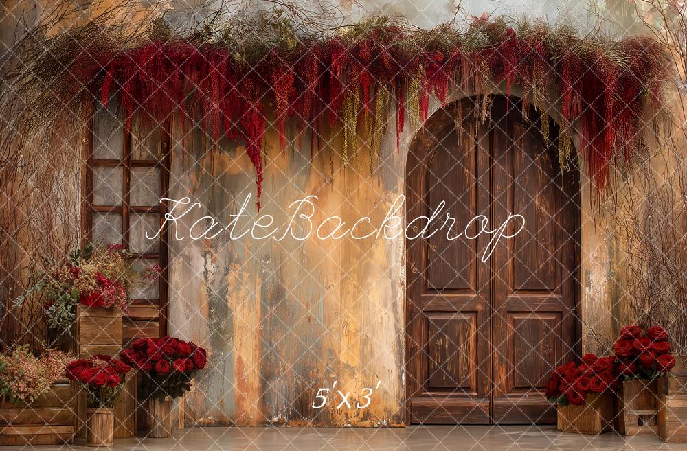 Kate Boho Rustic Door Red Roses Flower Arch Printed Backdrop Designed by Angela Miller