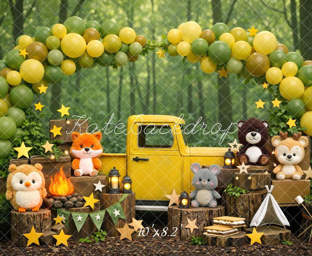 Kate Cake Smash Woodland Animals Yellow Truck Balloon Arch Printed Backdrop Designed by Mini MakeBelieve
