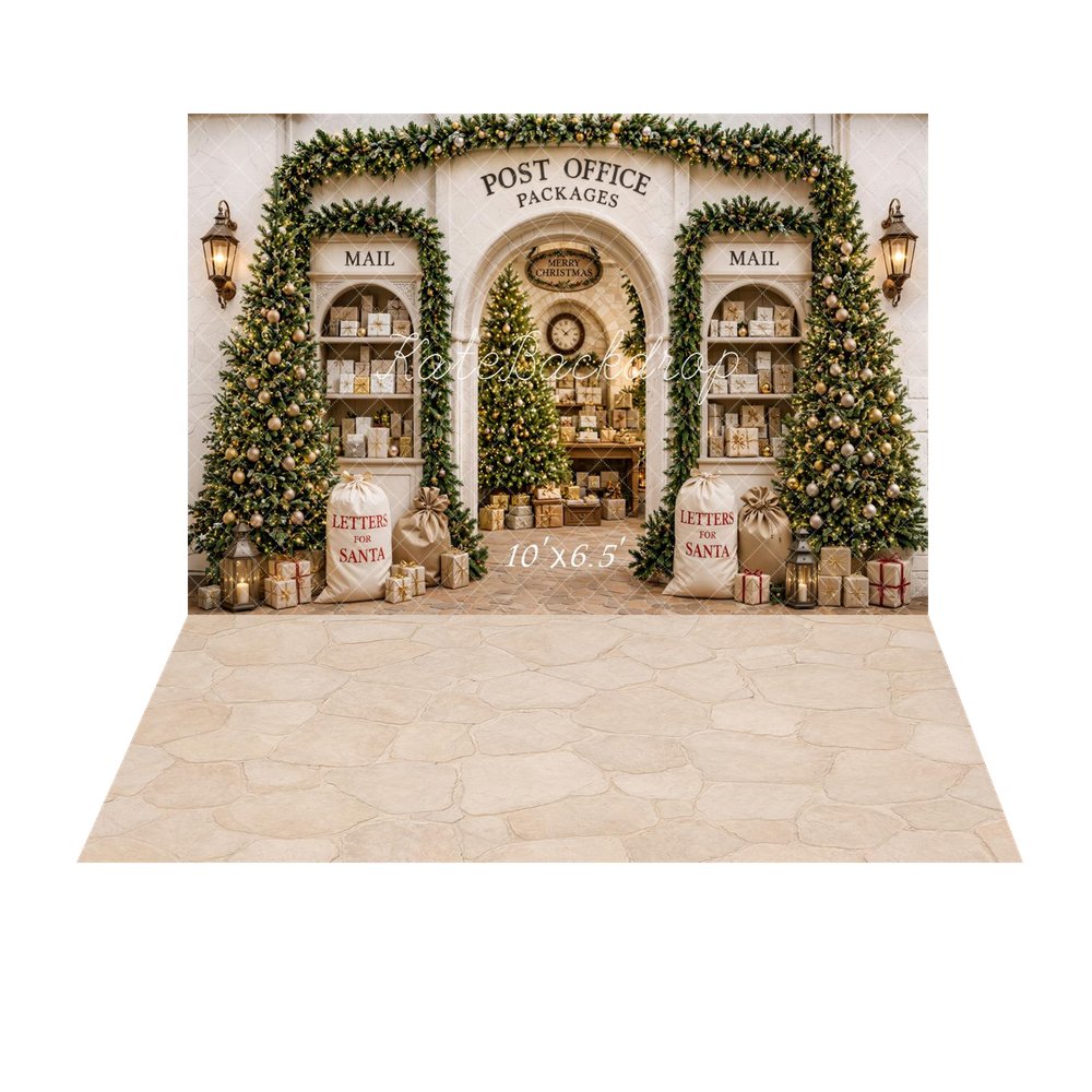 Kate Christmas Post Office Packages Christmas Trees Letters for Santa Printed Backdrop+Beige Cobblestone Floor Printed Backdrop