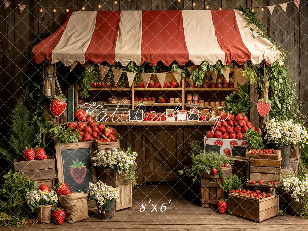 Kate Summer Strawberry Market Stand with Flowers and Crates Backdrop Designed by Emetselch
