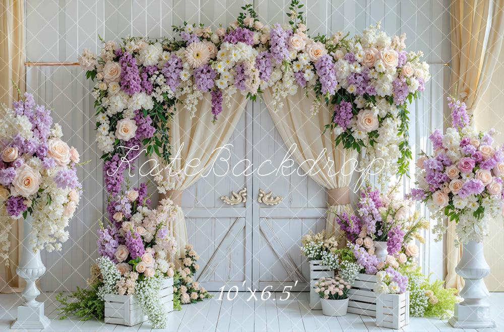 Kate Spring Flower Arch Crates White Door Pastel Purple Backdrop Designed by Mini MakeBelieve