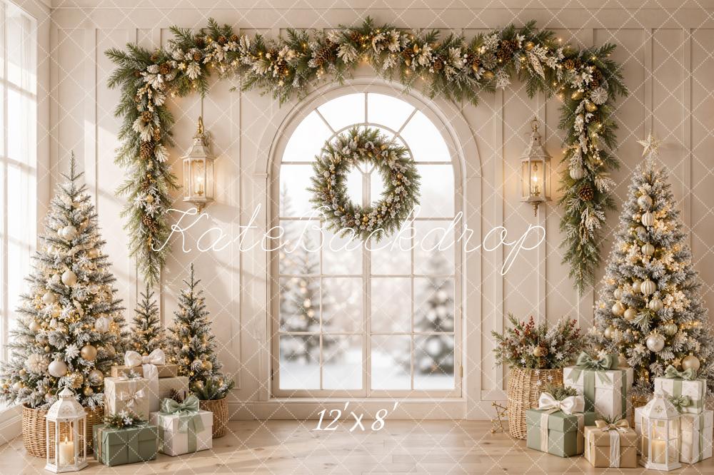 Kate Christmas Beige Garland Trees Presents Retro Printed Backdrop Designed by Emetselch