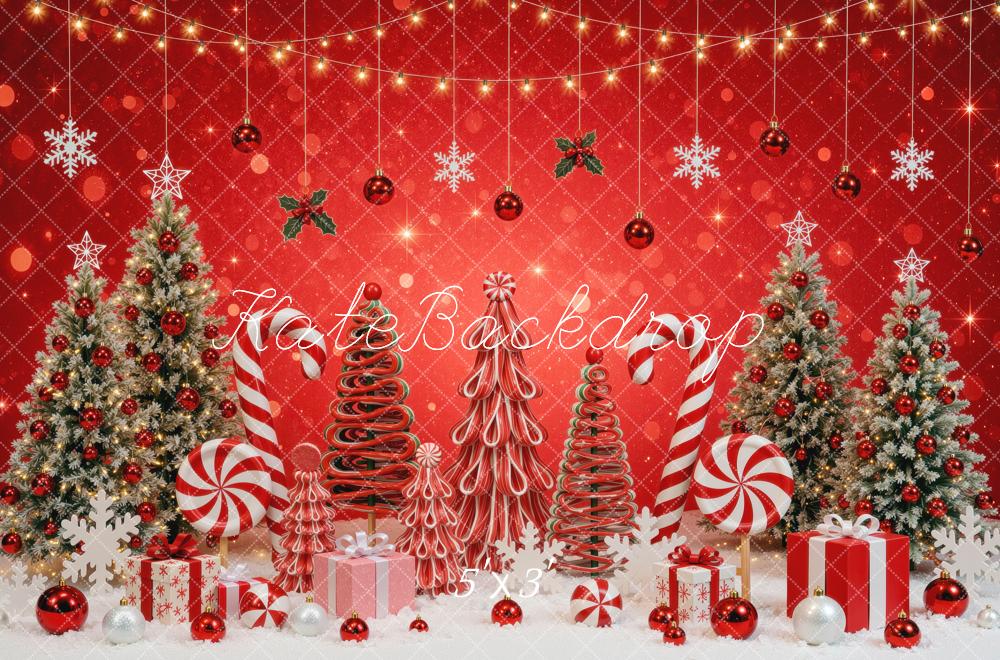 Kate Christmas Tree Red Candy Cane Gifts Snowflakes Holiday Printed Backdrop Designed by Mini MakeBelieve