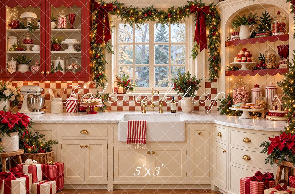 Kate Christmas Kitchen Cabinet Garland Window Candy Corner Printed Backdrop Designed by Shutter Swan Studios