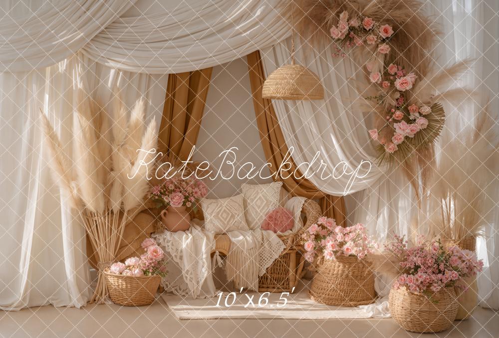 Kate Boho Pampas Grass Pink Flowers Wicker Sofa Printed Backdrop Designed by Emetselch