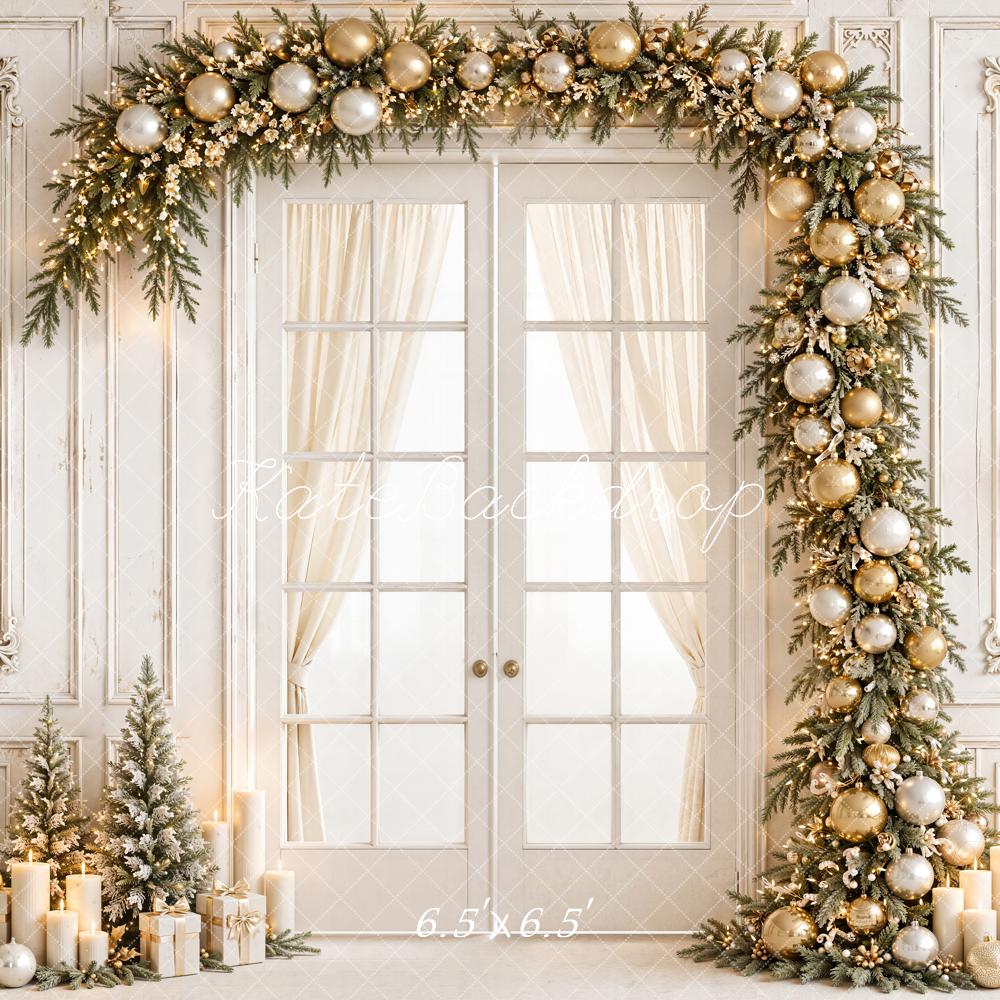 Kate Christmas White Gold Garland Wreaths French Doors Printed Backdrop Designed by Emetselch