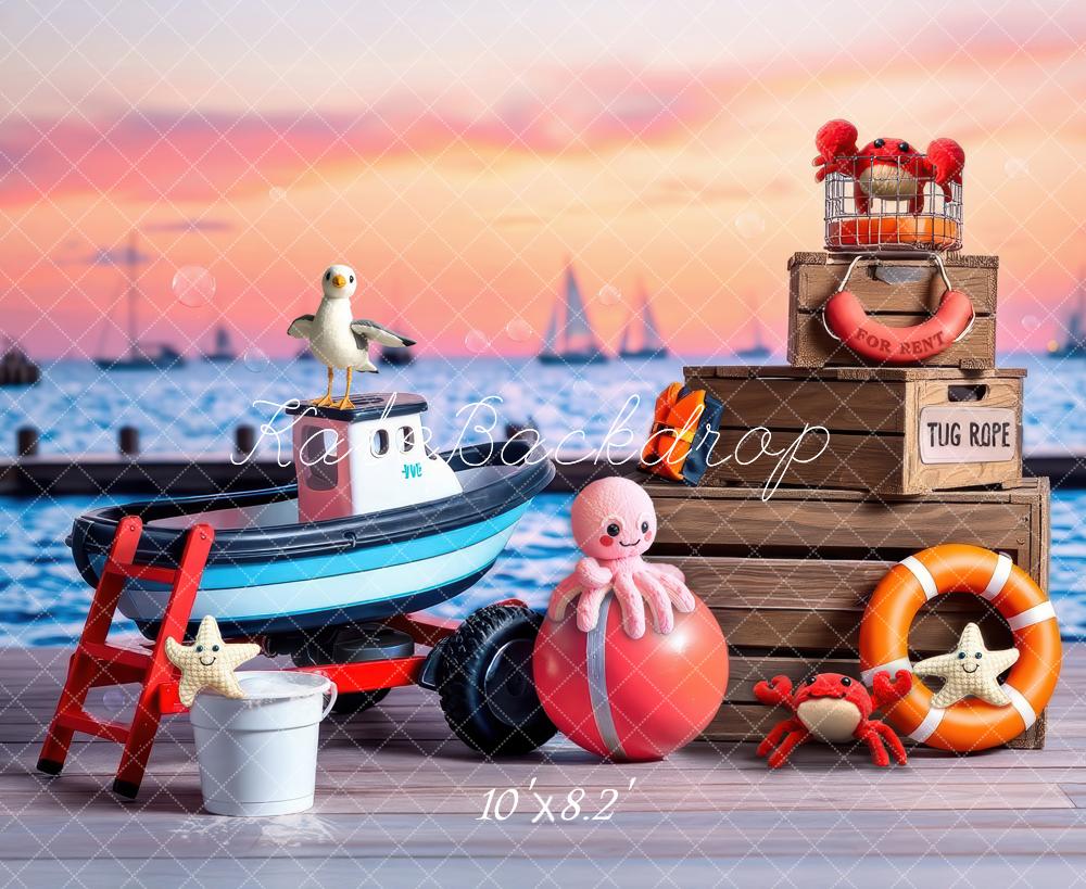 Kate Nautical Tug Boat Cake Smash Sunset Backdrop Designed by Laura Bybee