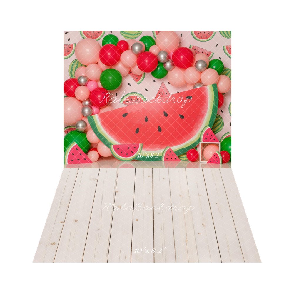 Kate Summer Watermelon Balloon Garland Fruit Pattern Backdrop+Beige Wood Plank Floor Backdrop
