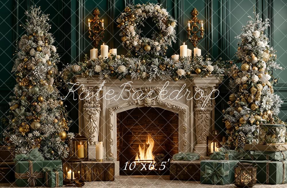 Kate Christmas Fireplace Vintage Wreath Trees Gifts Green Backdrop Designed by Emetselch