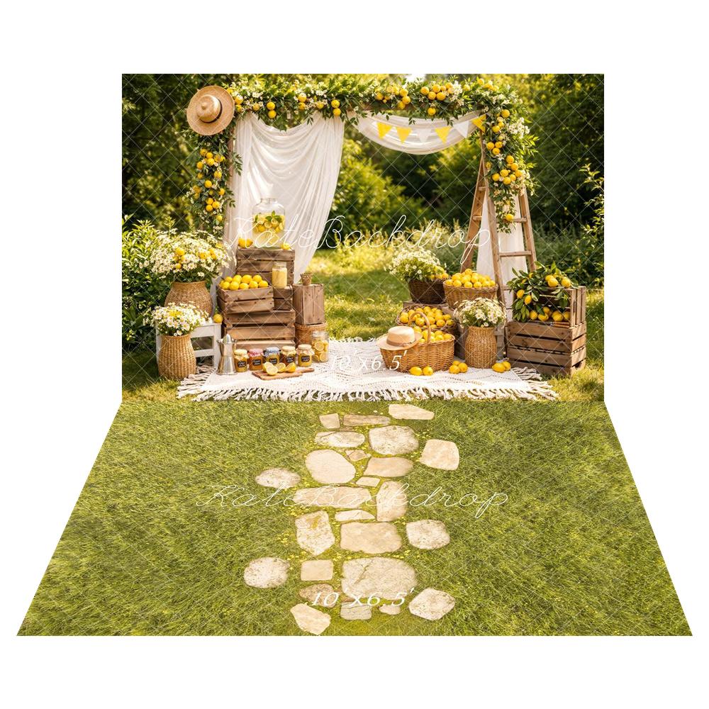 Kate Summer Lemon Flower Arch Picnic Baskets Crates Printed Backdrop+Stone Pathway in Green Meadow Printed Backdrop