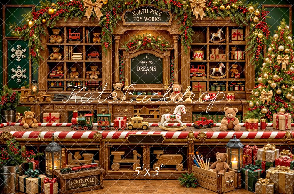 Kate Christmas North Pole Toy Workshop Wooden Shelves Printed Backdrop Designed by Mini MakeBelieve