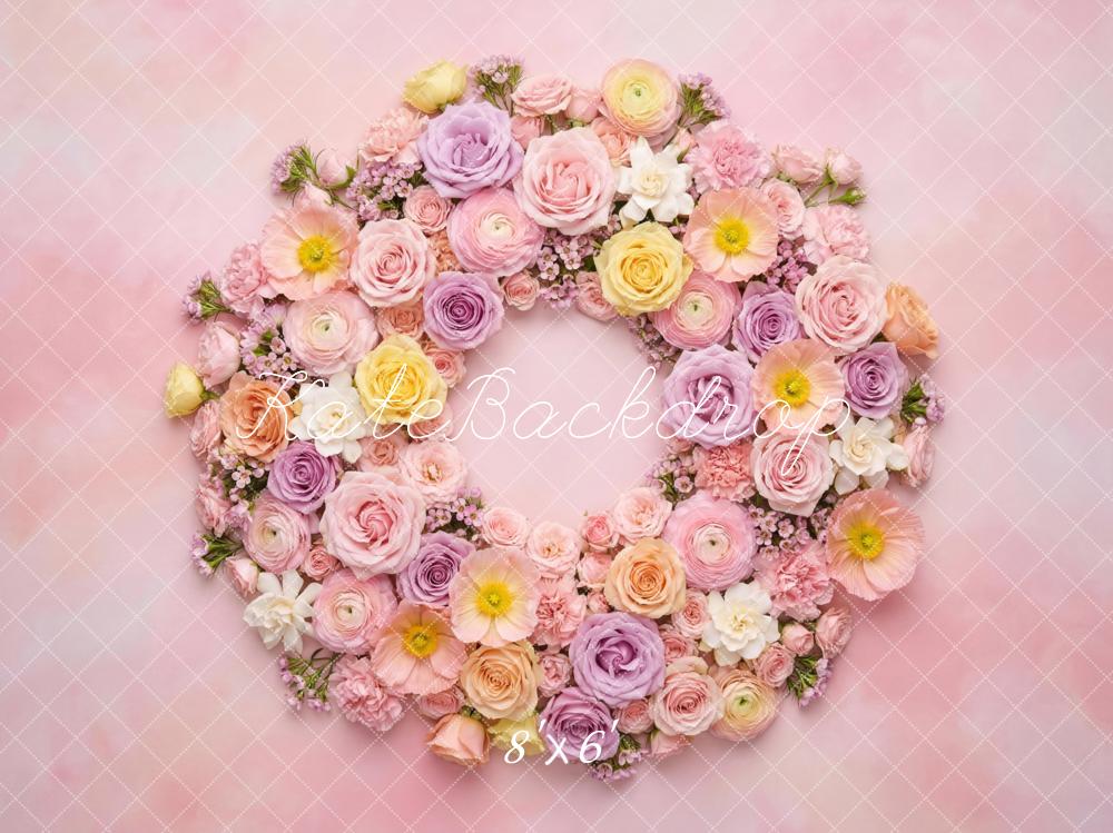 Kate Pink Flower Arch Pastel Floral Wreath Newborn Printed Backdrop Designed by Mini MakeBelieve