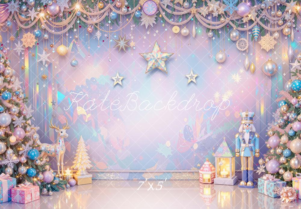 Kate Christmas Iridescent Pastel Nutcracker Tree Stars Ornament Printed Backdrop Designed by Mini MakeBelieve