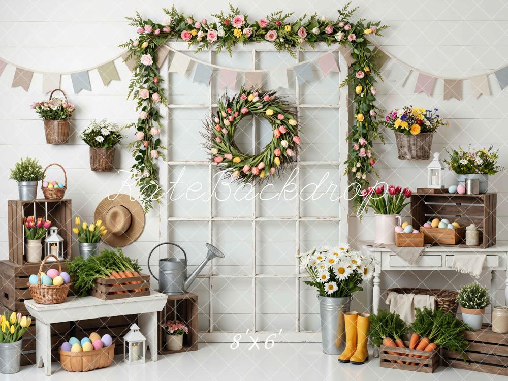 Kate Easter Bunny Spring Floral Crates Wreath Printed Backdrop Designed by Mini MakeBelieve