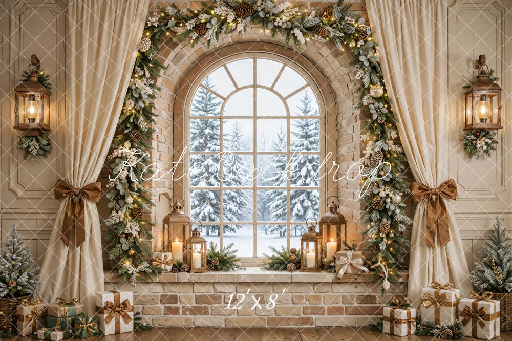 Kate Christmas Beige Arched Window Garland Curtains Bow Printed Backdrop Designed by Emetselch