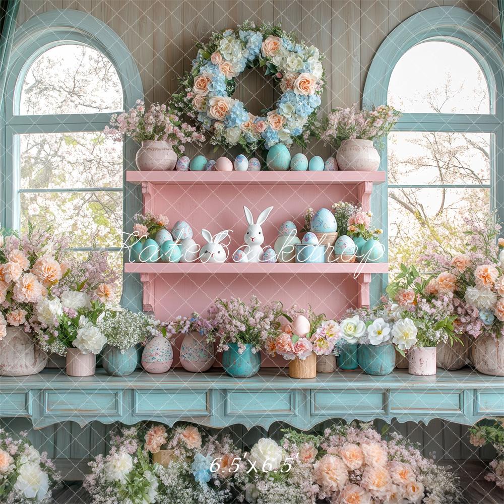 Easter Interior Bunny Floral Blue Foto Achtergrond Designed by Mini MakeBelieve