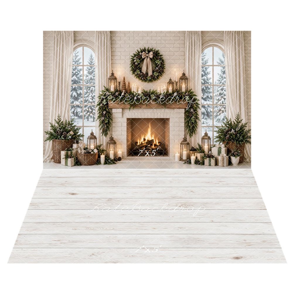 Kate Christmas Fireplace Wreath Garland White Curtains Printed Backdrop+White Wood Plank Floor Backdrop Printed Backdrop