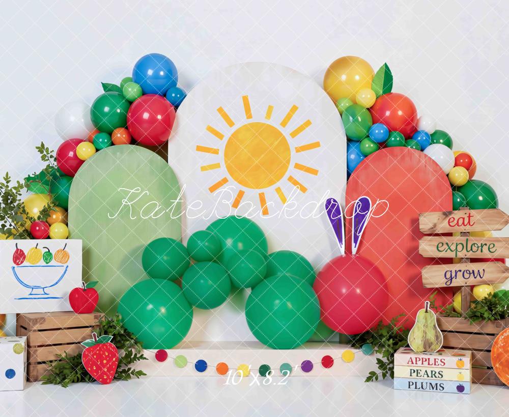 TEST Kate Cake Smash Colorful Catepillar Balloon Sun Fruit Crates Printed Backdrop Printed Backdrop Designed by Mini MakeBelieve