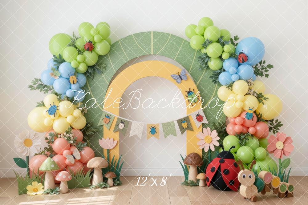 Kate Cake Smash Cute Insects Caterpillar Balloons Arch Mushrooms Ladybug Printed Backdrop Designed by Mini MakeBelieve