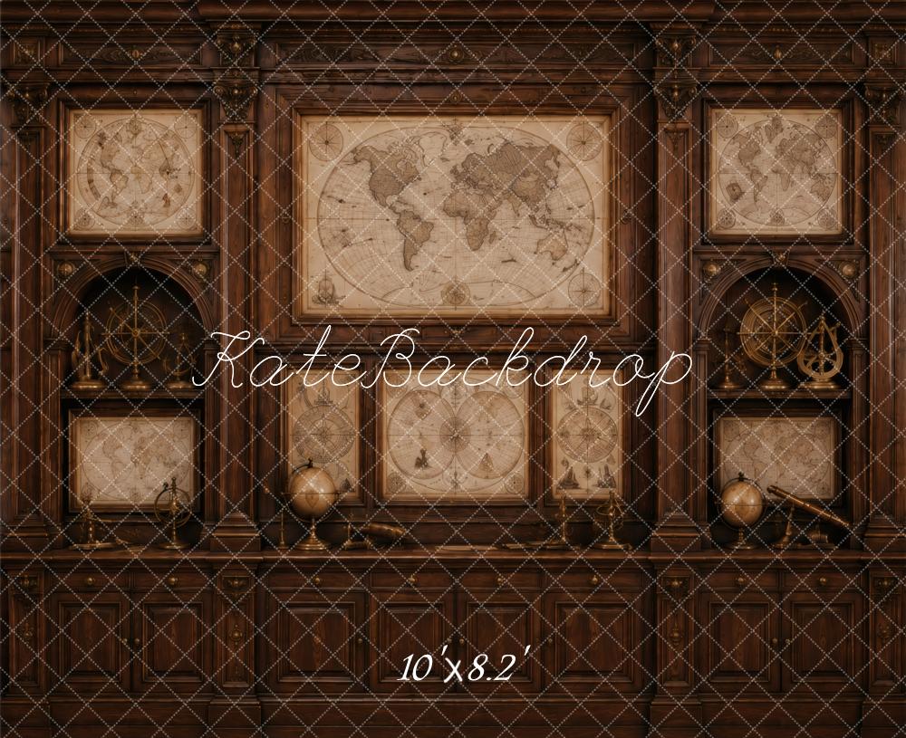 Kate Vintage World Map Brown Cabinet Study Printed Backdrop Designed by Vertigo Productions