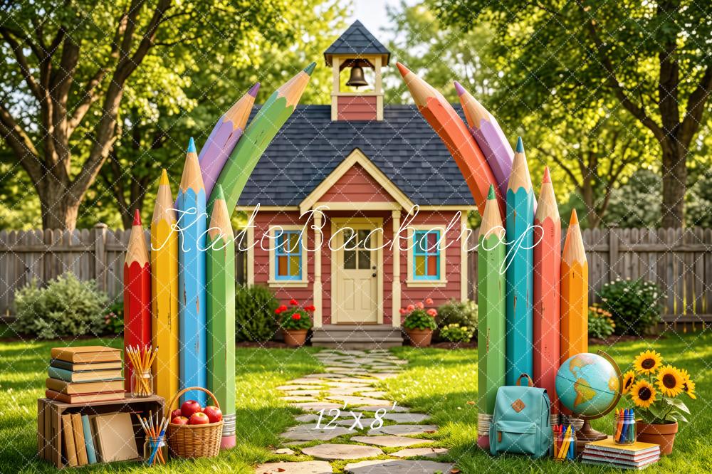 Kate Back To School Colored Pencils Schoolhouse Printed Backdrop Designed by Patty Roberts