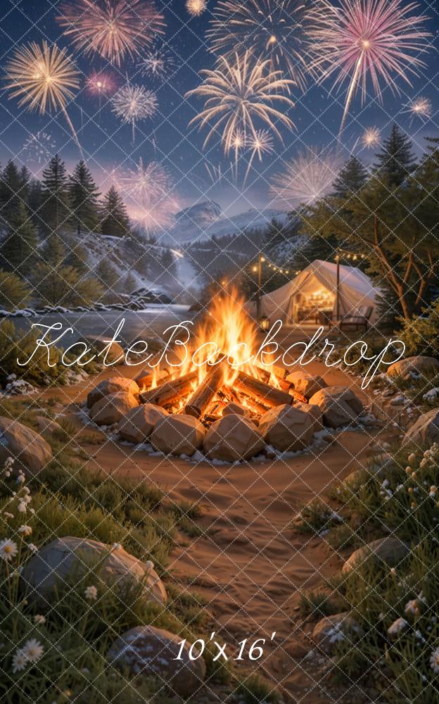 Kate Sweep Winter Fireworks Forest Camping Bonfire Printed Backdrop Designed by Emetselch