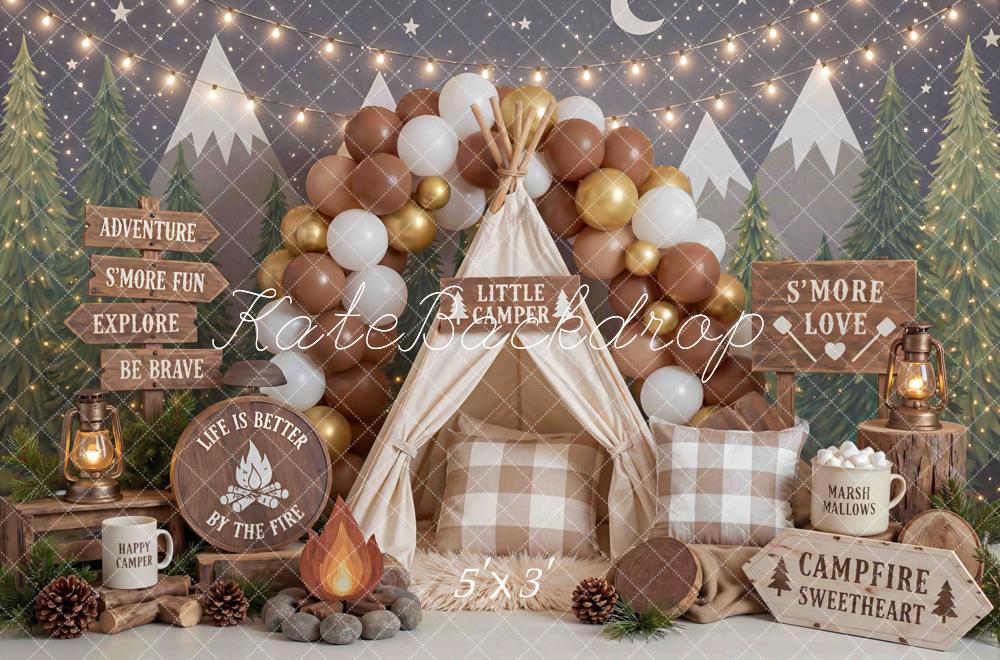 Kate Cake Smash Camping Tent Forest Campfire String Lights Printed Backdrop Designed by Mini MakeBelieve
