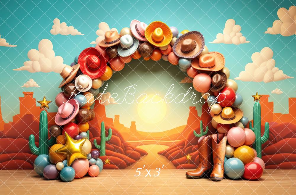 Kate Western Cowboy Hat Balloon Arch Desert Boots Printed Backdrop Designed by Laura Bybee