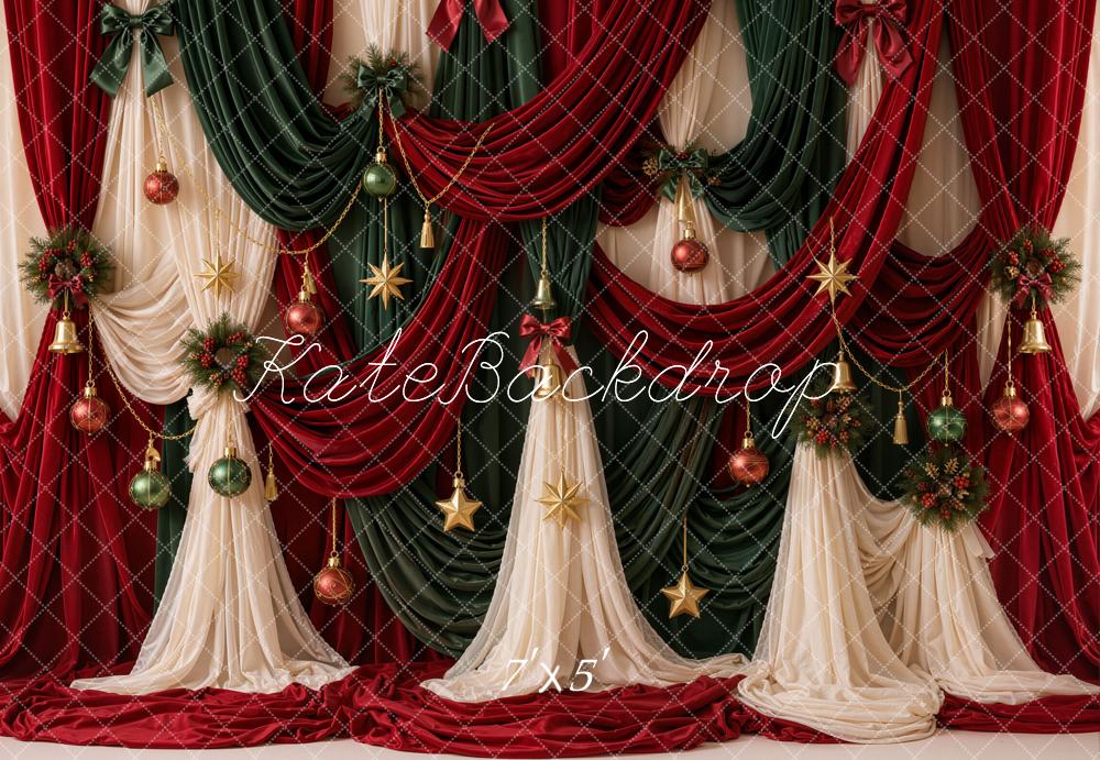 Kate Christmas Red Green Draped Curtains Ornaments Printed Backdrop Designed by Emetselch