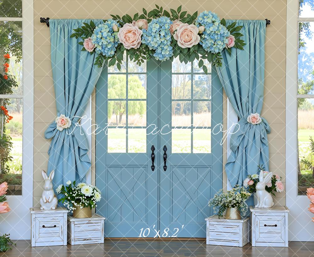 Kate Spring Bunny Blue Door Flower Arch Printed Backdrop Designed by Mini MakeBelieve