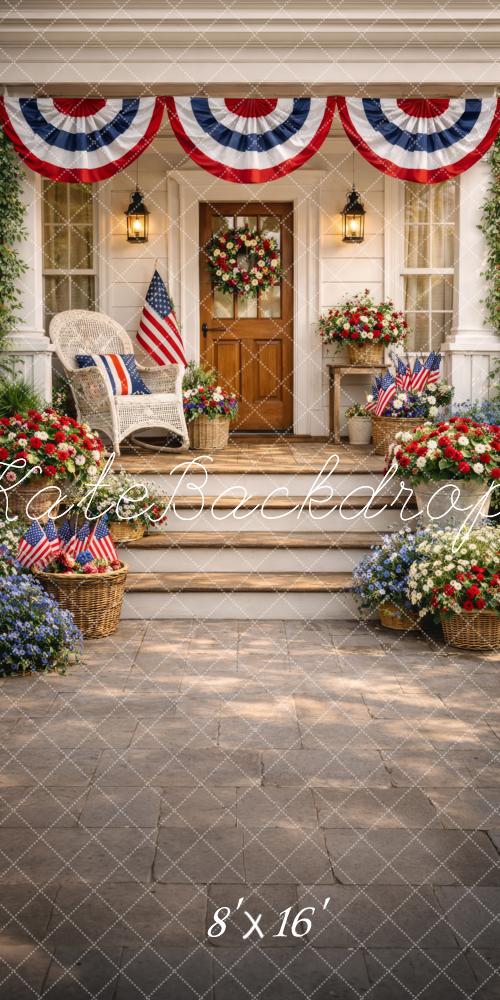Kate Sweep Independence Day Patriotic Porch Bunting American Flags Flowers Printed Backdrop Designed by Happy Squirrel Design
