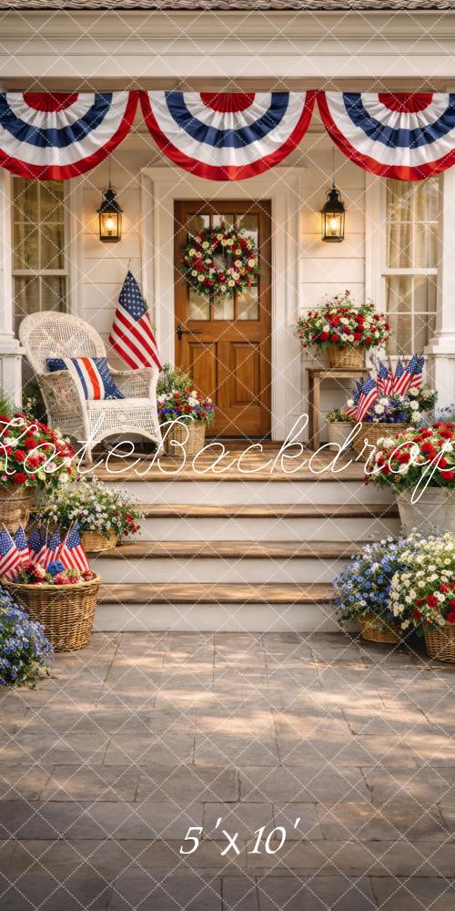 Kate Sweep Independence Day Patriotic Porch Bunting American Flags Flowers Printed Backdrop Designed by Happy Squirrel Design
