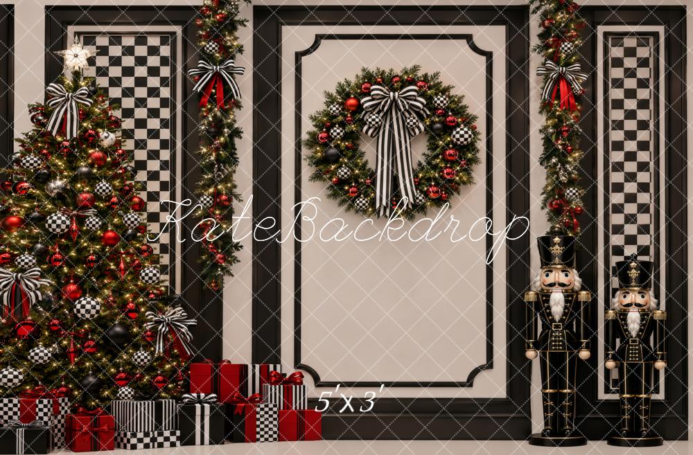 Kate Christmas Nutcracker Tree Wreath Checkered Black Printed Backdrop Designed by Vertigo Productions
