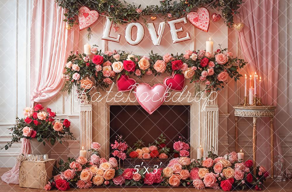 Kate Valentine's Day Pink Roses Hearts Fireplace Curtains Backdrop Designed by Emetselch