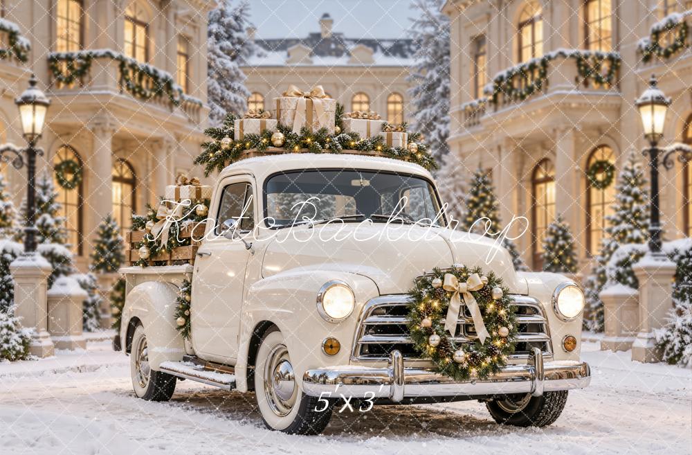 Kate Christmas Vintage Truck Gifts Snowy Courtyard Printed Backdrop Designed by Emetselch