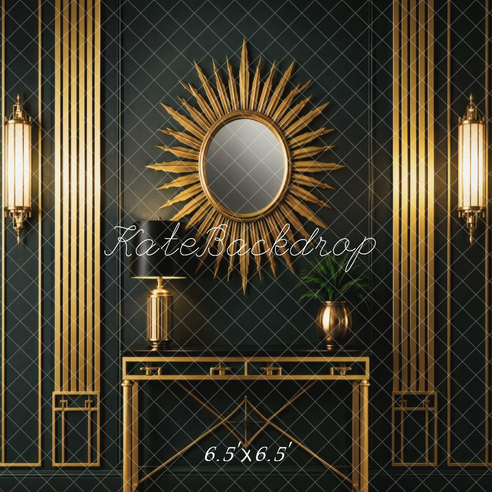 Kate 20's Retro Art Deco Gold Sunburst Mirror Console Table Printed Backdrop Designed by Vertigo Productions
