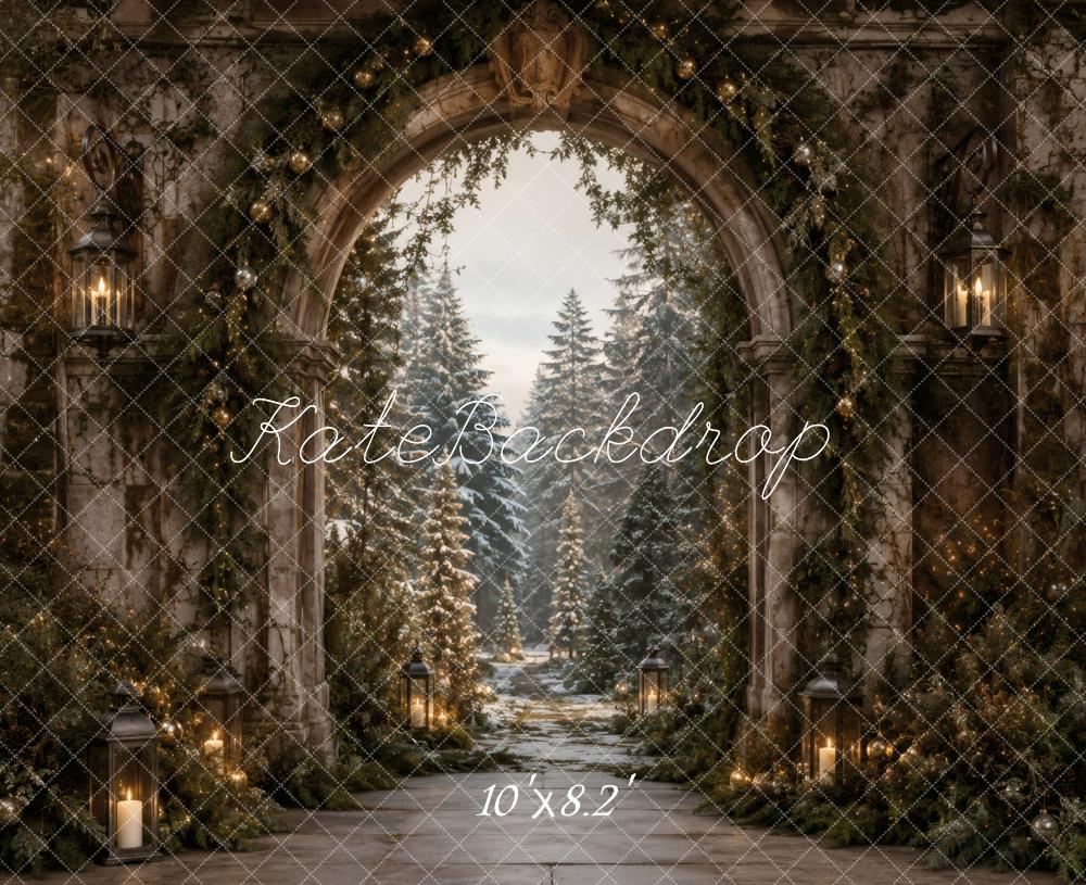 Kate Christmas Retro Stone Archway Pine Trees Lanterns Winter Printed Backdrop Designed by Vertigo Productions
