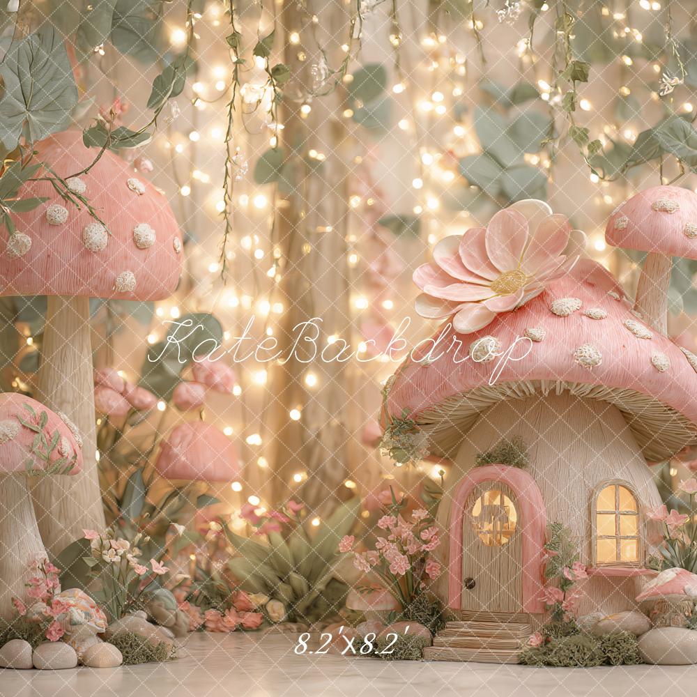 Fondo de Casa de Hongo de Fantasía de Hadas en el Bosque con Luces Diseñado por Ashley Paul