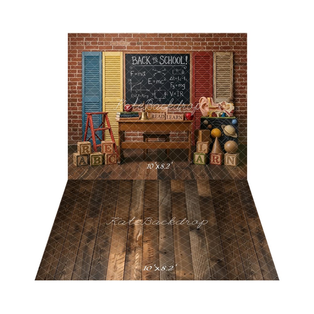 Kate Back To School Blackboard Brick Wall Books Blocks Planets Backdrop+Brown Wood Plank Vintage Wall Backdrop