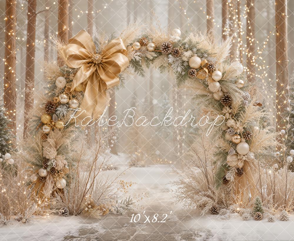 Kate Christmas Flower Arch Gold Bow Ornaments Snowy Forest Printed Backdrop Designed by Emetselch