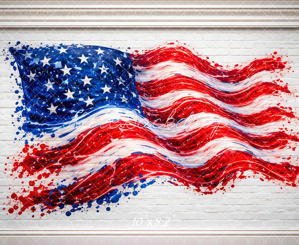 Kate Fourth Of July American Flag Paint Splash on White Brick Wall Printed Backdrop Designed by Mini MakeBelieve