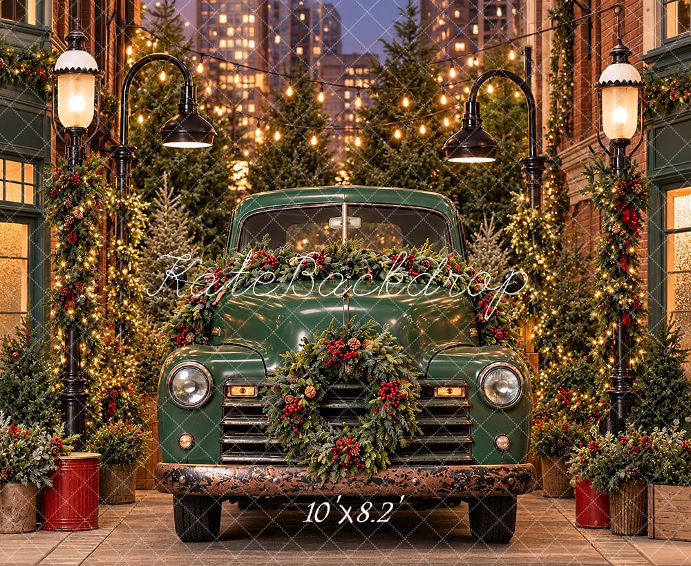 Kate Christmas Urban Green Vintage Truck Downtown Wreath Printed Backdrop Designed by Angela Miller