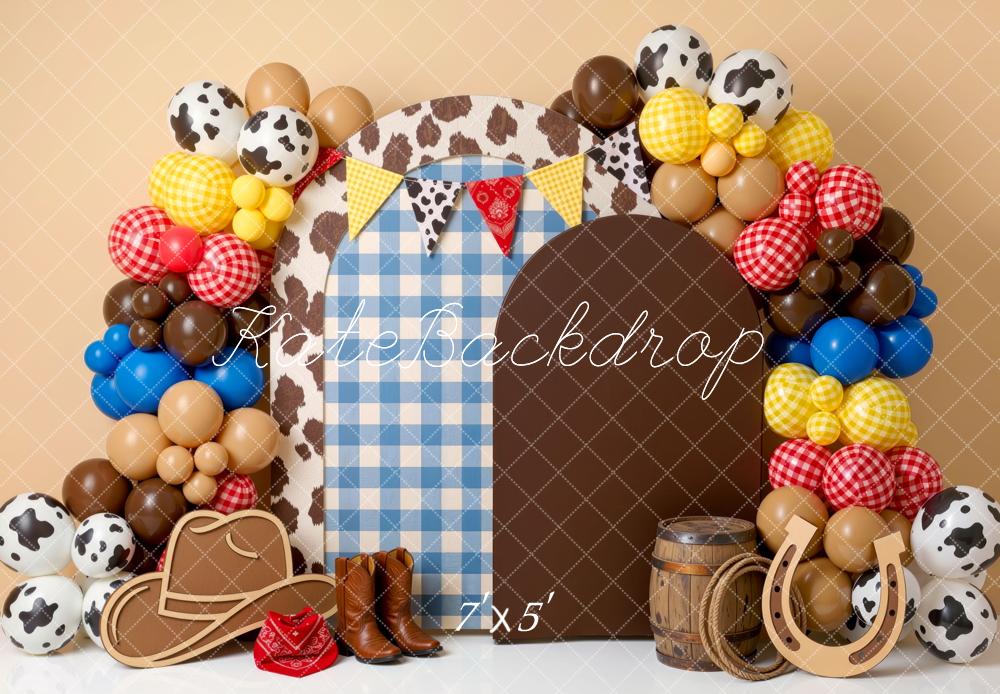Kate Cake Smash Western Cowboy Cowhide Balloon Arch Brown Printed Backdrop Designed by Mini MakeBelieve